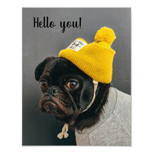 Cute pug dog wearing a yellow beanie wall poster