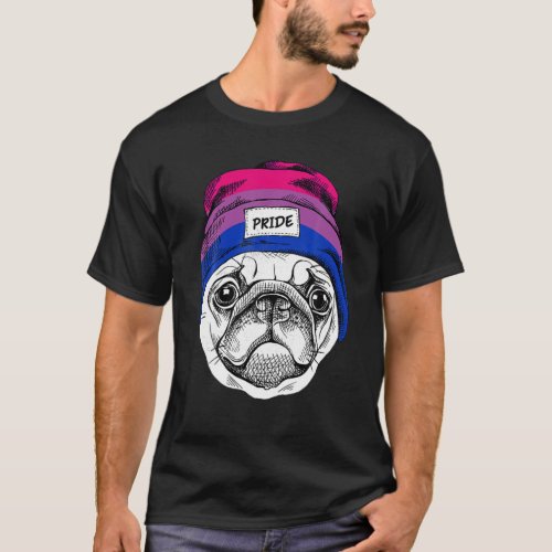Cute Pug Dog Wearing Bisexual Rainbow Pride Hat T_Shirt