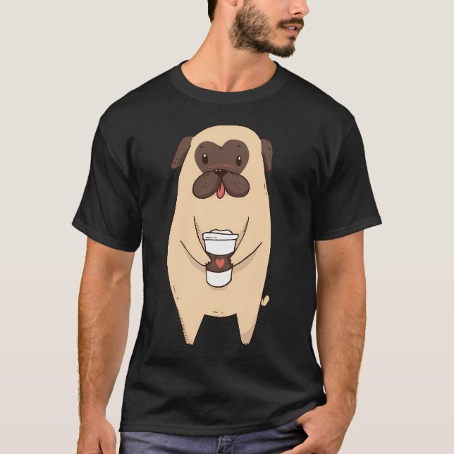 Cute Pug Dog With Coffee T-Shirt (Front)