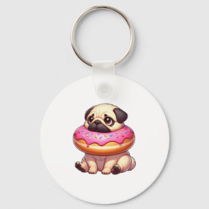 Cute pug dog with donut snacking dessert keychain