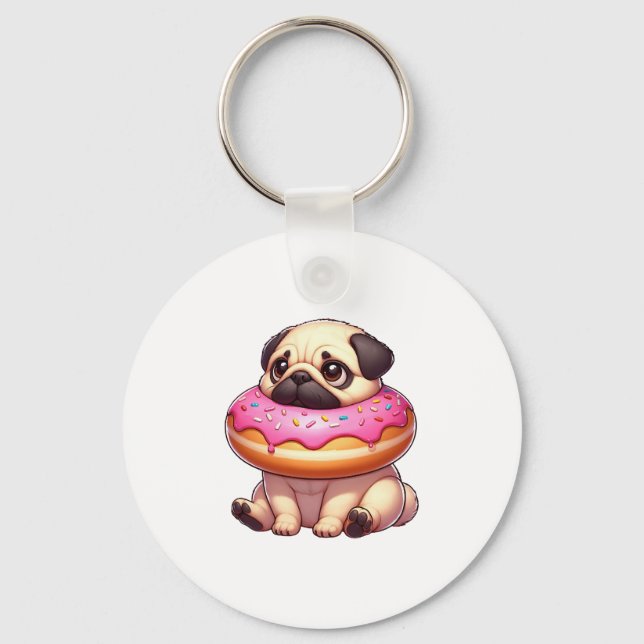 Cute pug dog with donut snacking dessert keychain (Front)