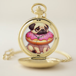 Cute pug dog with donut snacking dessert pocket watch