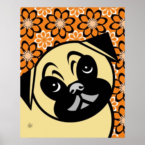 Cute Pug Dog With Flower Background Poster