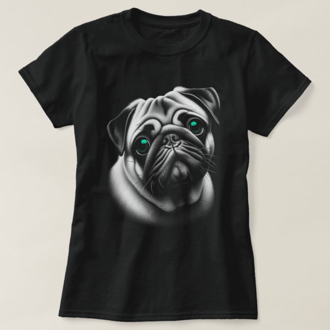 Cute Pug Dog with Turquoise Eyes in Ornate Design T-Shirt (Design Front)