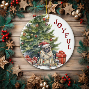 Cute Pug Dog Wrapped in Christmas Lights Ceramic Ornament
