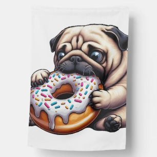 Cute pug donut cartoon funny munching house flag