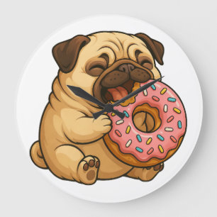 Cute pug donut cartoon funny munching large clock