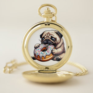 Cute pug donut cartoon funny munching pocket watch