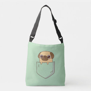 Cute Pug Doodle In Faux Green Pocket Crossbody Bag