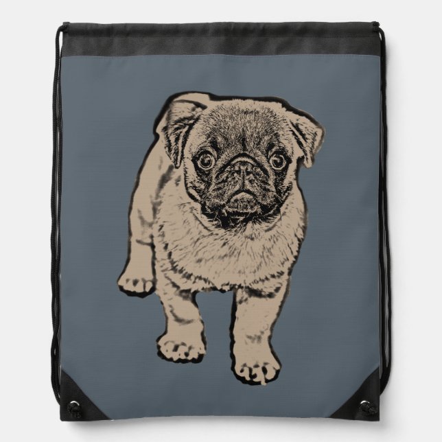 Cute Pug Drawstring Backpack - Gray (Front)
