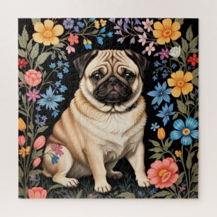 Cute Pug Elegant Colorful Floral Jigsaw Puzzle