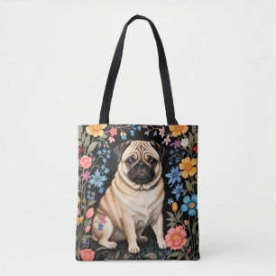Cute Pug Elegant Colorful Floral Tote Bag
