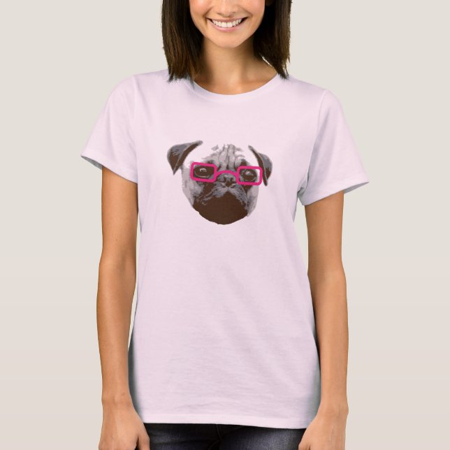 Cute Pug Hipster with Pink Glasses T-Shirt (Front)