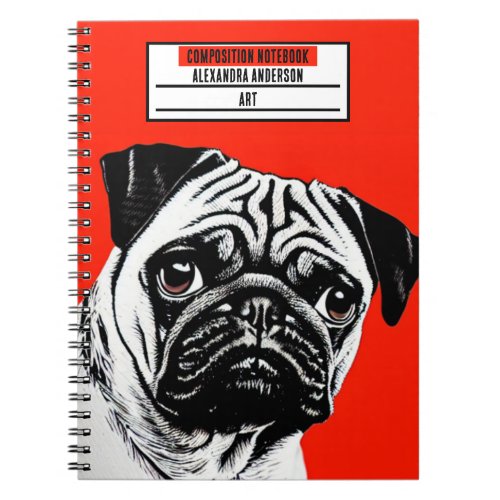 Cute pug illustration on red composition  notebook