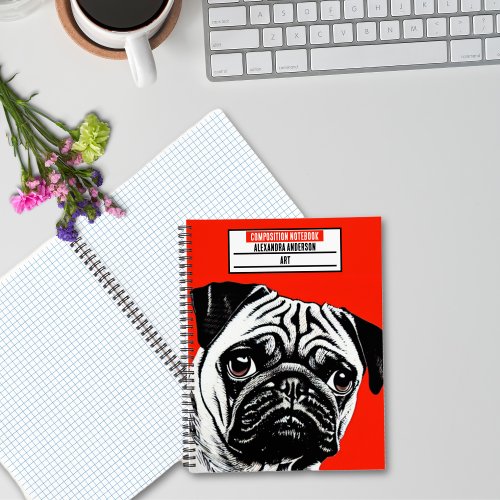 Cute pug illustration on red Composition Notebook