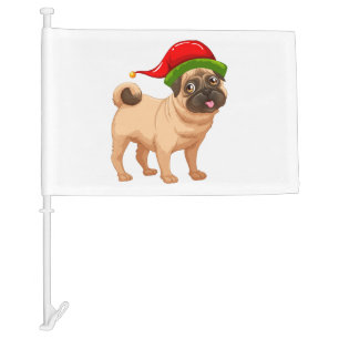 Cute Pug in a Christmas Elf Hat   Car Flag