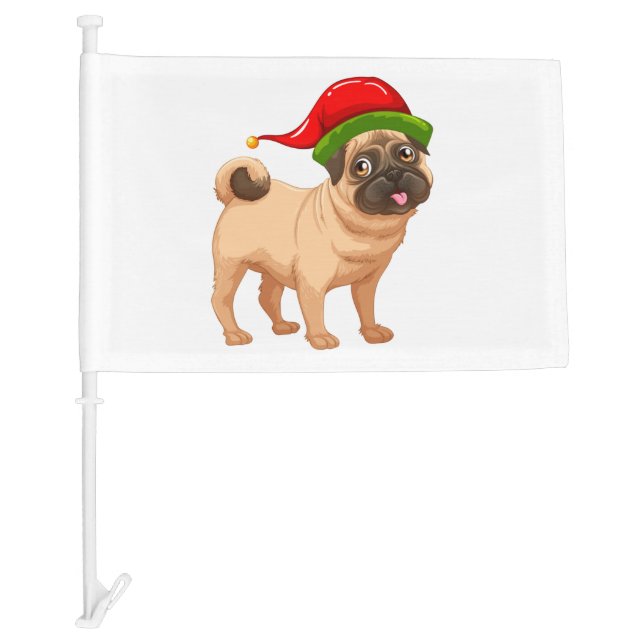 Cute Pug in a Christmas Elf Hat   Car Flag (Front)
