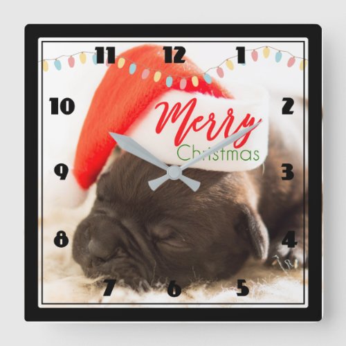 Cute Pug in a Red Santa Hat Merry Christmas Square Wall Clock