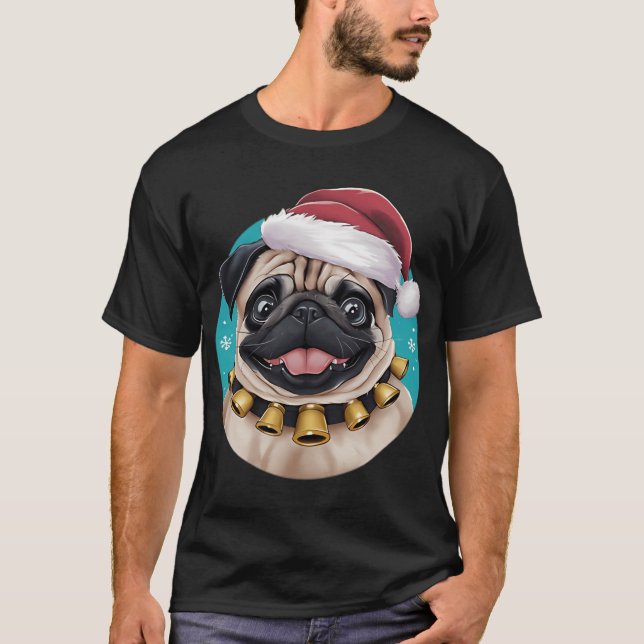 Cute Pug In Christmas Hat - Funny T-Shirt (Front)