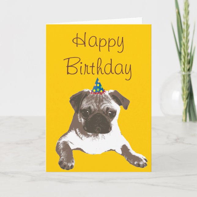 Cute Pug in Hat Happy Birthday Card (Front)