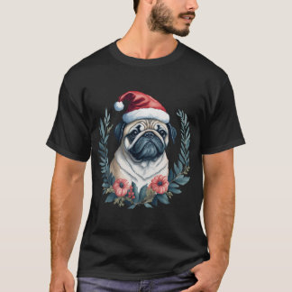 Cute pug in Santa hat in Christmas floral wreath - T-Shirt