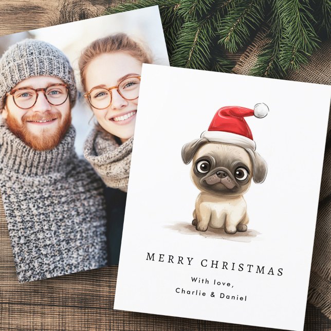 Cute pug in Santa hat Merry Christmas photo Holiday Card (Cute pug in Santa hat Merry Christmas photo Holiday Card)