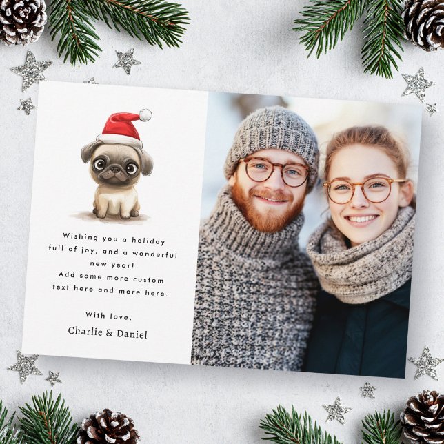 Cute pug in Santa hat Merry Christmas photo Holiday Card (Cute pug in Santa hat Merry Christmas photo Holiday Card)