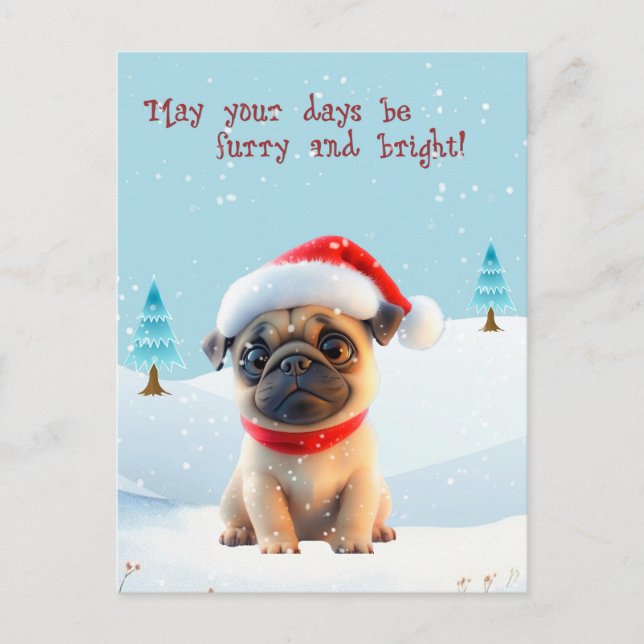Cute Pug in Snow Christmas Card (Front)
