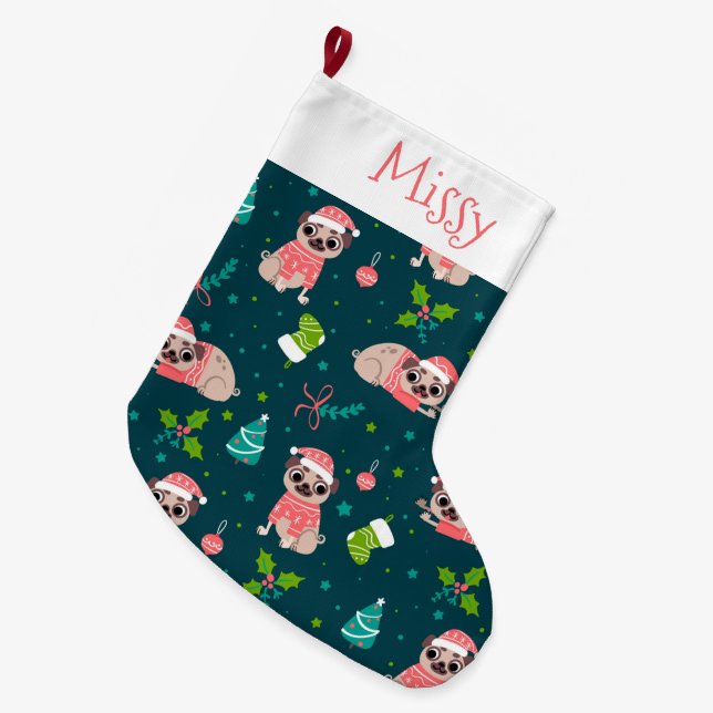 Cute Pug Large Christmas Stocking (Front (Hanging))