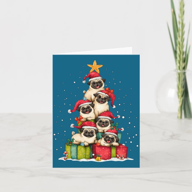 Cute Pug Le Dog Christmas Tree Xmas Hat Long Sleev Card (Front)