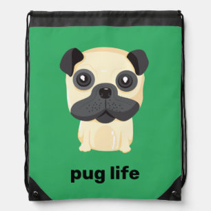 Cute "Pug Life" Dog Cartoon Grass Green Drawstring Bag