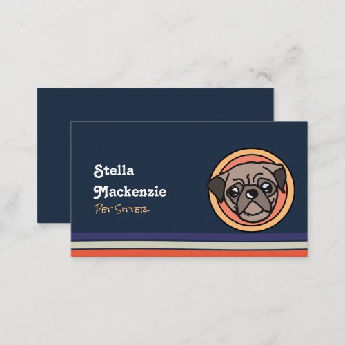 Cute Pug Navy Blue Pet Sitter Dog Walker Modern  Business Card