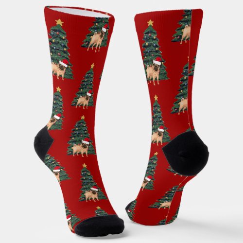 Cute Pug Owner Christmas Tree Red Holiday Socks