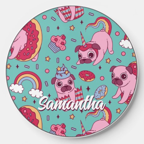 Cute Pug Pattern Rainbow Donut Cupcake Dog Lover Wireless Charger