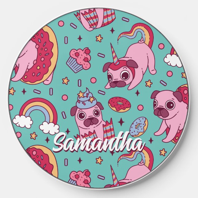 Cute Pug Pattern Rainbow Donut Cupcake Dog Lover Wireless Charger (Front)
