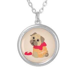 Cute pug personalised name girls silver plated necklace
