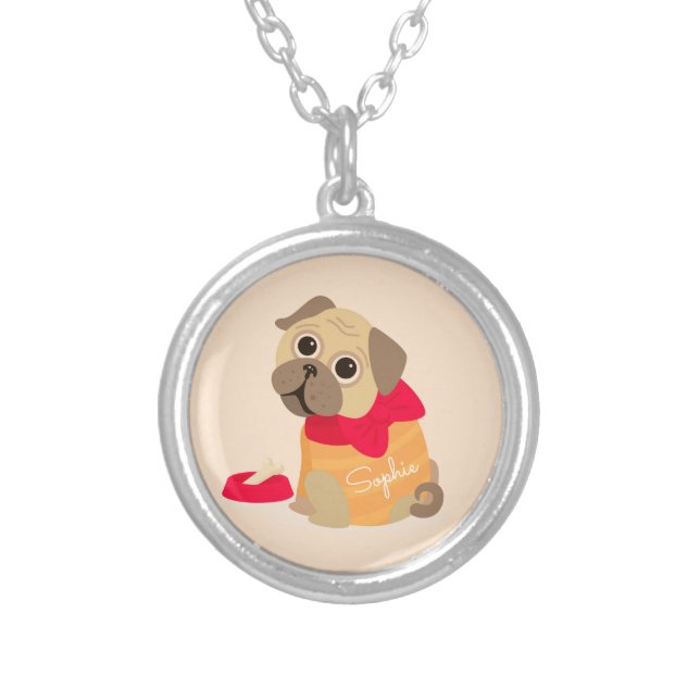 Cute pug personalised name girls silver plated necklace (Front)