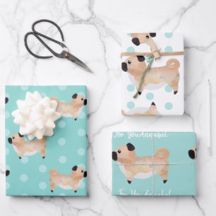 Cute Pug personalised teal patterned dog lovers Wrapping Paper Sheets
