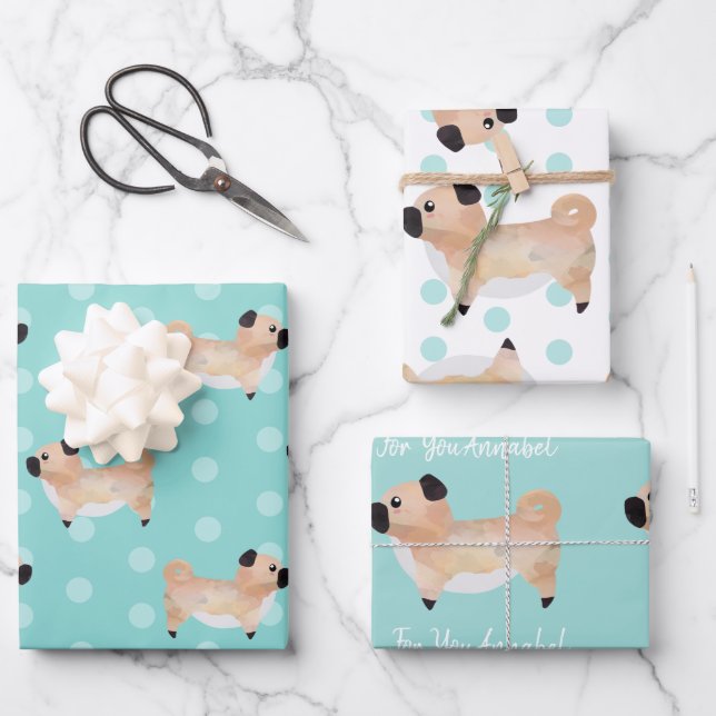 Cute Pug personalised teal patterned dog lovers Wrapping Paper Sheets (Front)