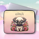 Cute Pug Pink and Yellow Personalized Laptop Sleeve<br><div class="desc">Cute tablet case for a girl. Adorable pug in pink flowers personalized case.</div>