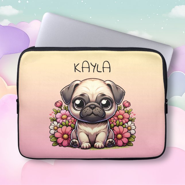 Cute Pug Pink and Yellow Personalized Laptop Sleeve (Creator Uploaded)