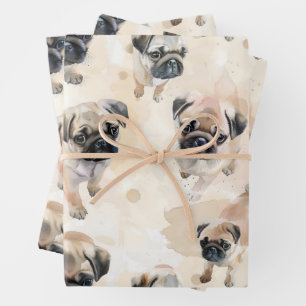 Cute pug puppies pattern wrapping paper sheets