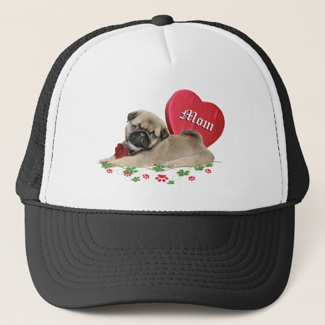 Cute Pug Puppy A Mom's Design Trucker Hat (Front)
