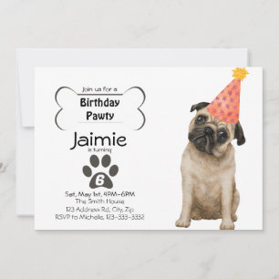 Cute Pug Puppy Birthday Pawty Invitation