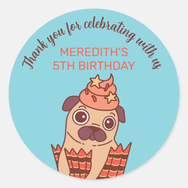 Cute Pug Puppy Dog Cartoon Kids Birthday Party Classic Round Sticker (Front)