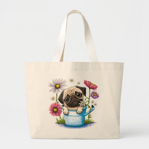 Cute Pug Puppy Dog Daisies Floral Cartoon Pugs Large Tote Bag