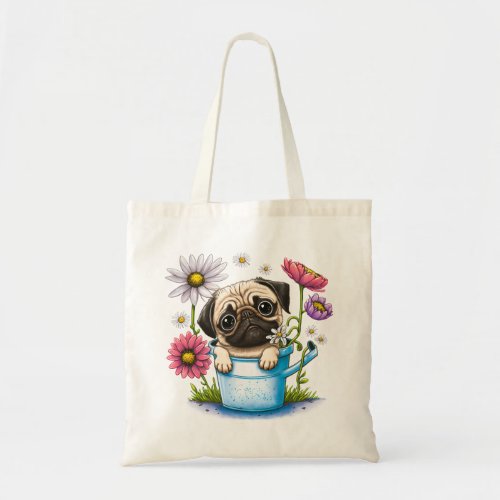 Cute Pug Puppy Dog Daisies Floral Cartoon Pugs Tote Bag