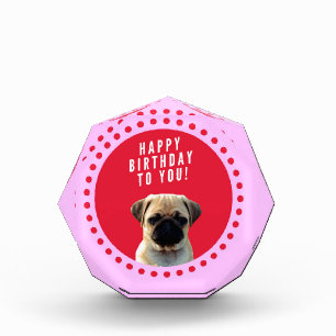 Cute Pug Puppy Dog Happy Birthday Red Dots Pink Acrylic Award