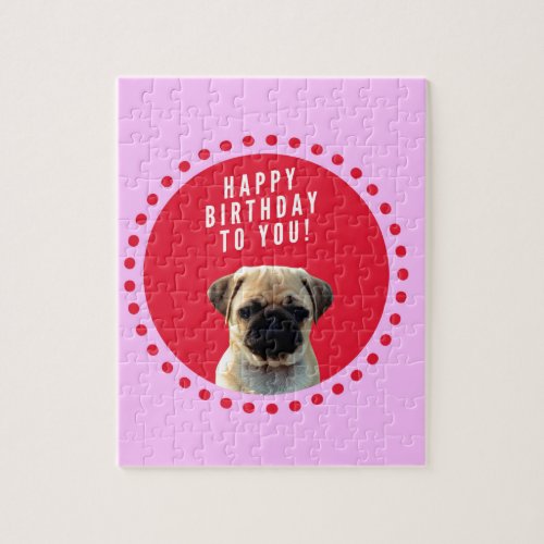 Cute Pug Puppy Dog Happy Birthday Red Dots Pink Jigsaw Puzzle