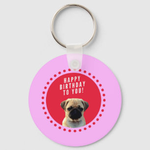 Cute Pug Puppy Dog Happy Birthday Red Dots Pink Keychain